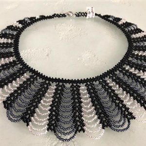 Czech Bead Scalloped Necklace BLACK, WHITE, GREY